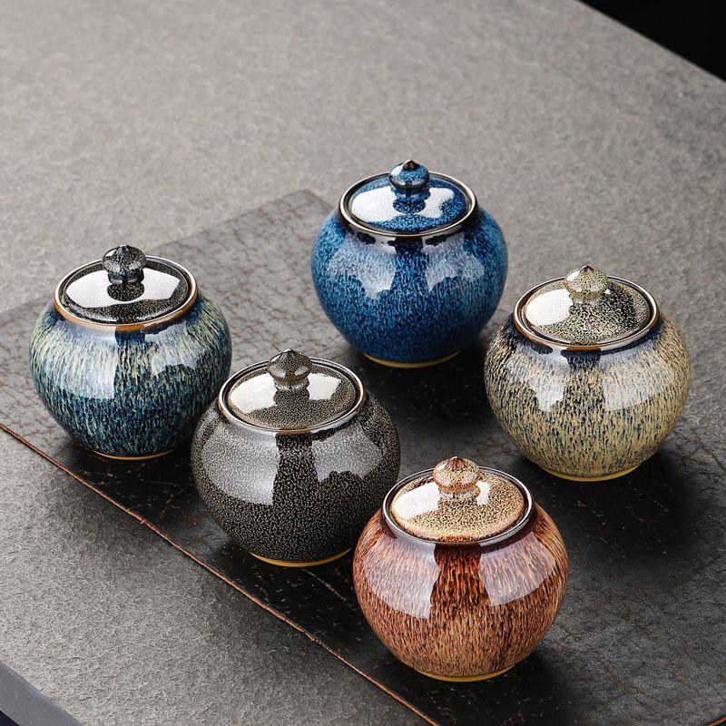 Painted Texture Tea Canister Sealed Ceramic Tea Caddy Storage Jar with Lid Coffee Table Desk Decoration General Jar Candy Can