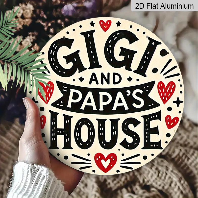 2D Flat, 1pc Round Aluminum "Gigi and Papa's House" Sign, Cute Heart & Star Wall Decor, Whimsical Black and White Style, Waterproof & Durable