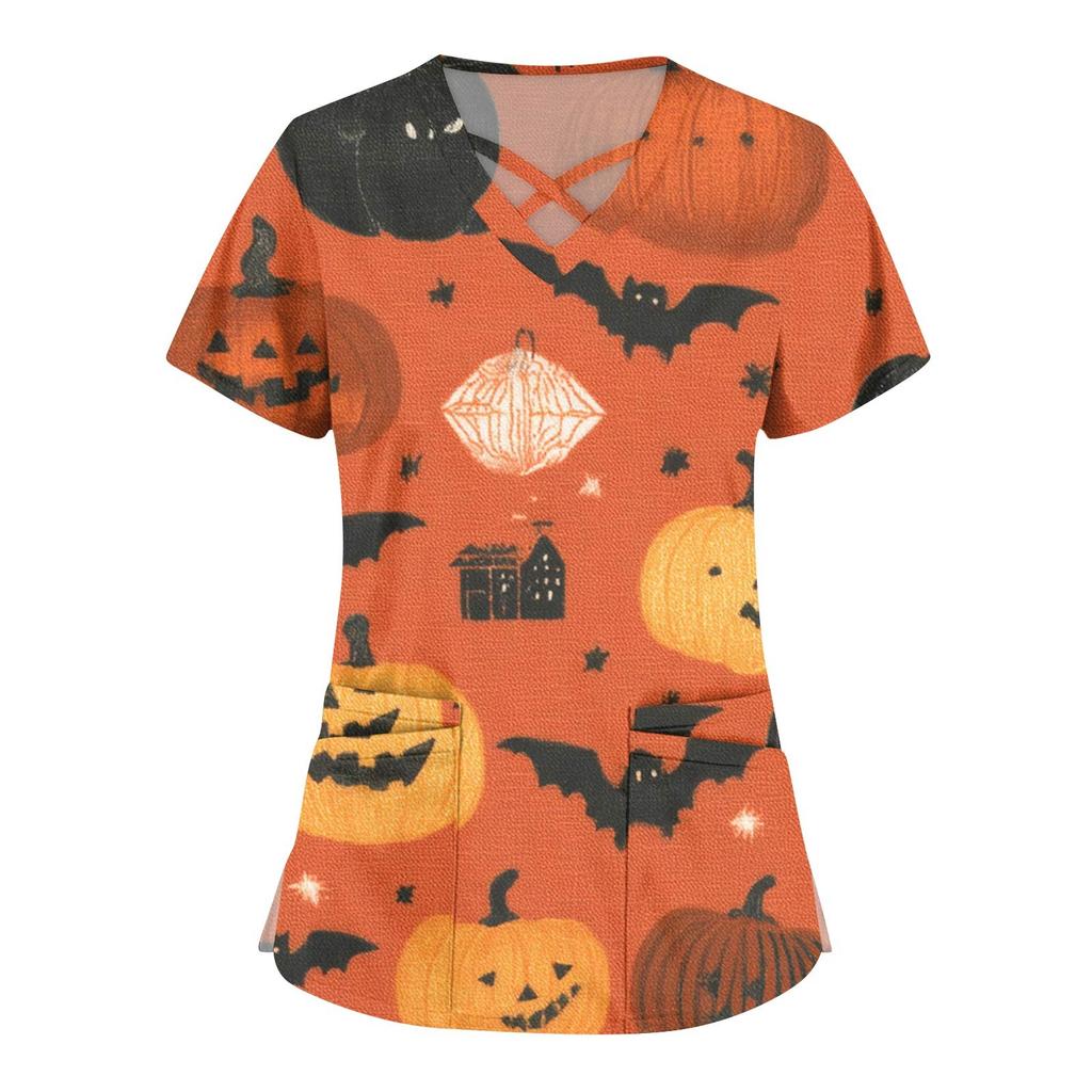 Damenmode Cross V-Ausschnitt Kurzarm Overalls Doppeltaschen Halloween Bedruckte Oberteile Uniformen