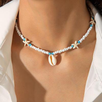 Κολιέ με χάντρες σε στυλ παραλίας, μποέμ στυλ, με αστερίες και κέλυφος, γυναικεία κοσμήματα, σε στυλ διακοπών στην παραλία, σε μπλε χρώμα.