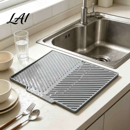 Flexible Draining Tray Silicone Dish Drying Mat for Kitchen Counter Heat Resistant Non-Slip Drain Food Grade Accessory Pad with Drainage Spout