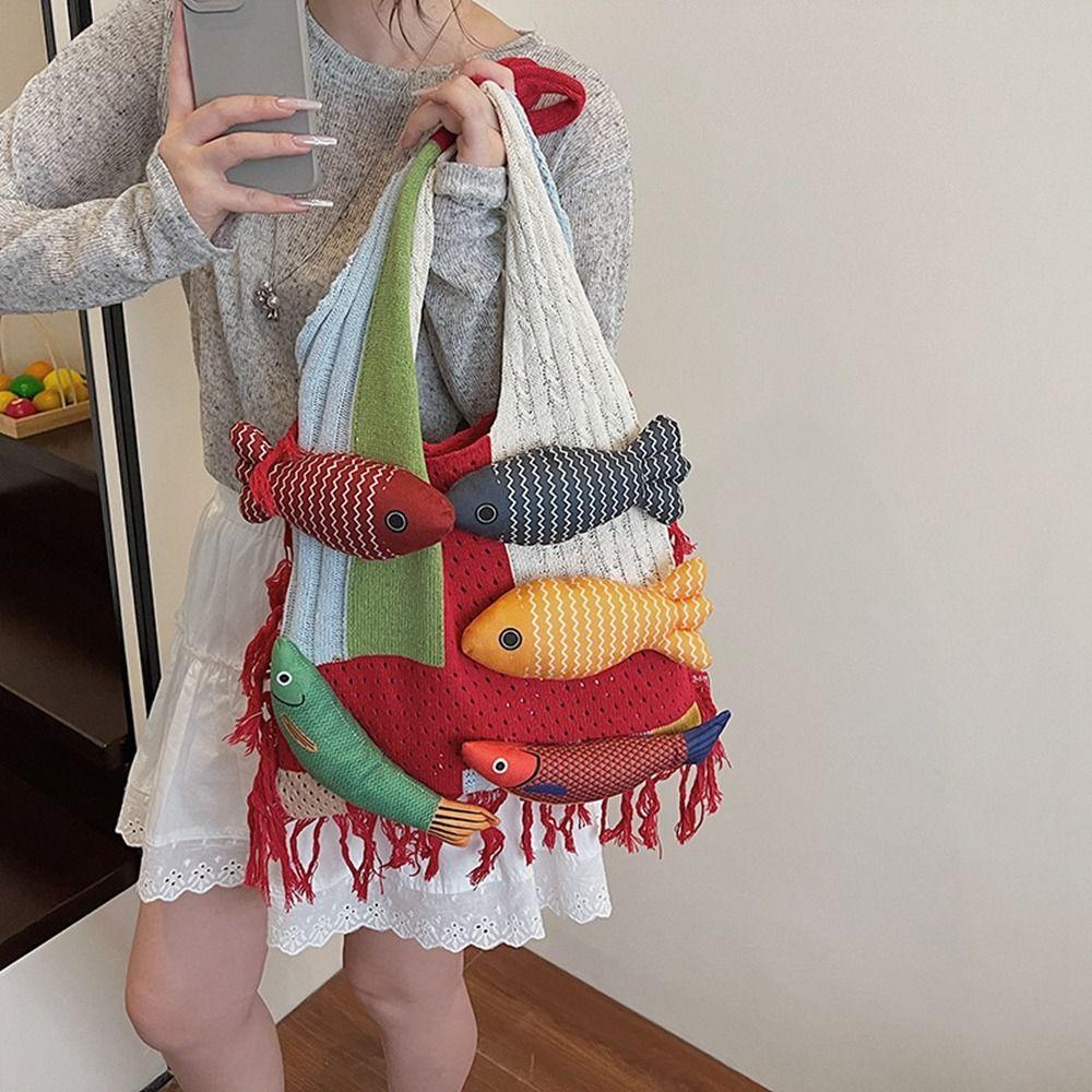 Large Capacity Hollow Out Weave Bag Fish Tote Bag Leisure Tassels Beach Handbag  Women