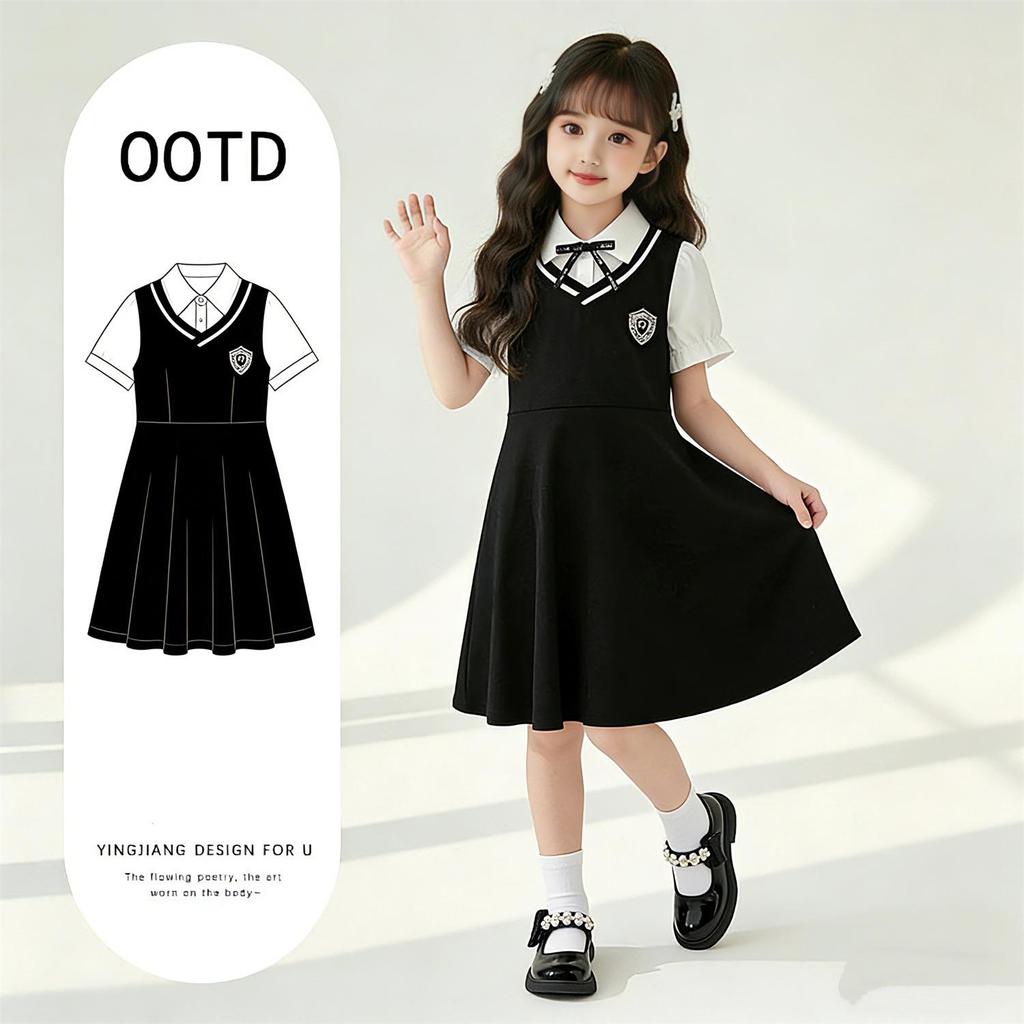 Girls' Stylish Academy-Style Shirt Collar Dress - Kids' Two-Piece Summer Outfit