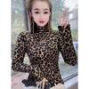 Stylish Leopard Print High Neck Base Layer Top for Women - Autumn/Winter, Warm German Fleece, Long Sleeve.