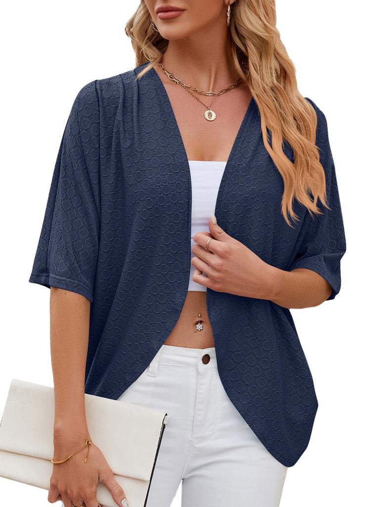 Women's Open Front Three Quarter Sleeve Cardigan Loose Fit Solid Knit Shrug Elegant Casual Hollow Out Kimono Cover Up For Spring Daily Outfit