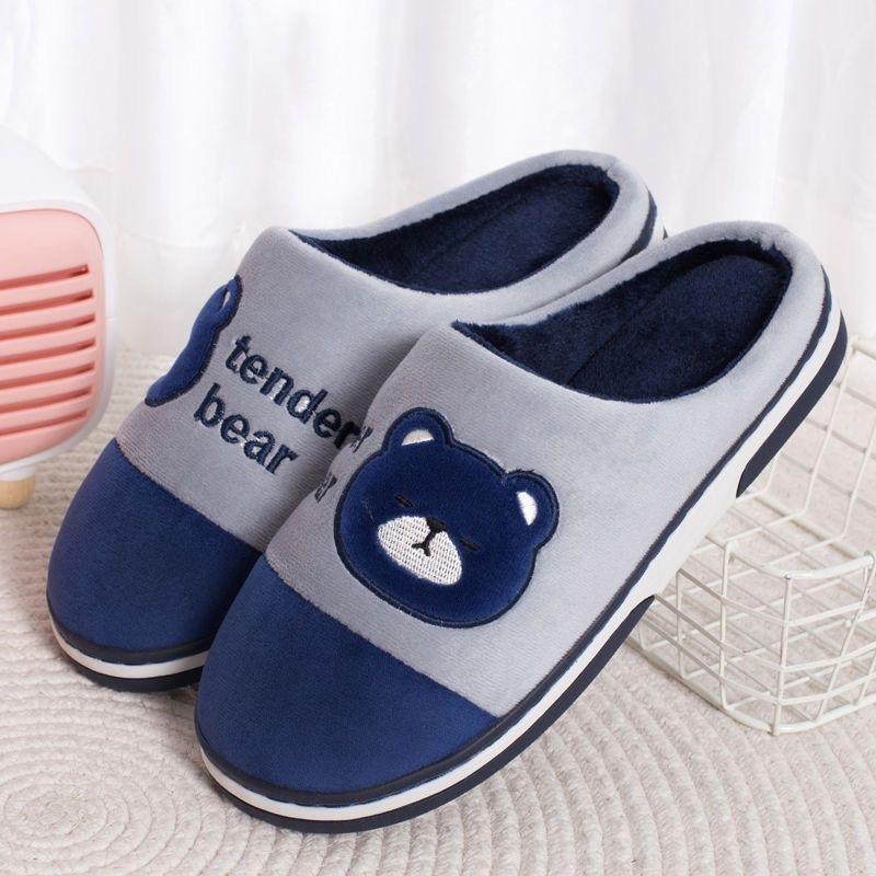 Plush Velour Winter Slippers with Embroidered Bear for Men and Women