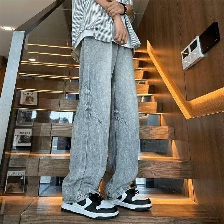 Bamboo lightning pattern jeans men's American high street niche design pants high waist straight tube slightly pulled trousers