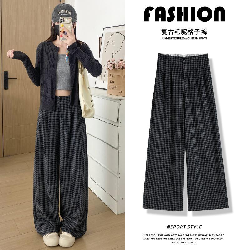 Black and Gray Woolen Plaid Pants Women's New Autumn Drape Loose Lazy Wind Straight Casual Wide-leg Pants