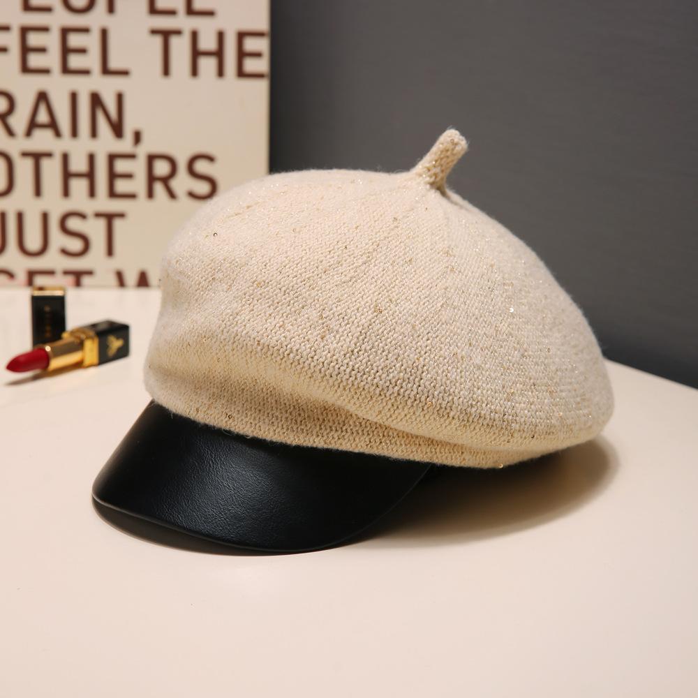 Korean Versatile Little Fragrance Style Sequin Beret Autumn and Winter British Retro Warm Octagonal Hat Outdoor Casual Hat Women