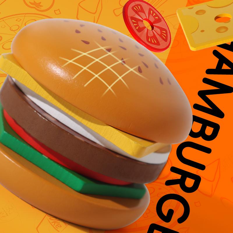 Wooden Sandwich Burger Sorting Stacking Toys Simulated Kitchen Toys Montessori Hamburger Toy for Kids Preschool Education