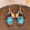 Hand Curved Open Frame Oval Copper Turquoise Marquise Yellow Gem Drop Earrings Silver Tone Artisan Craft Bohemian Ladies Accessories