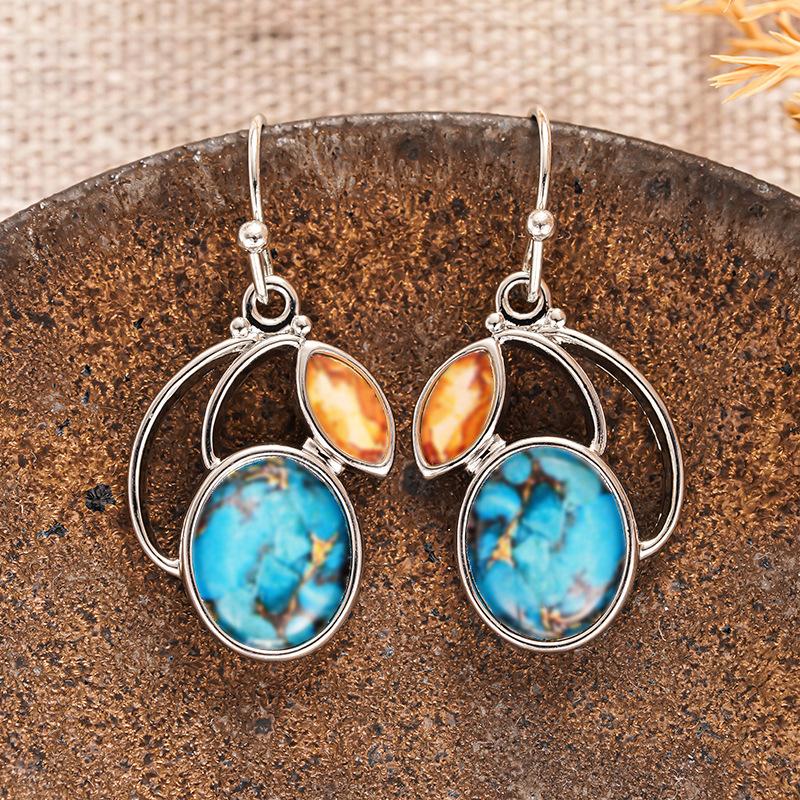 Hand Curved Open Frame Oval Copper Turquoise Marquise Yellow Gem Drop Earrings Silver Tone Artisan Craft Bohemian Ladies Accessories
