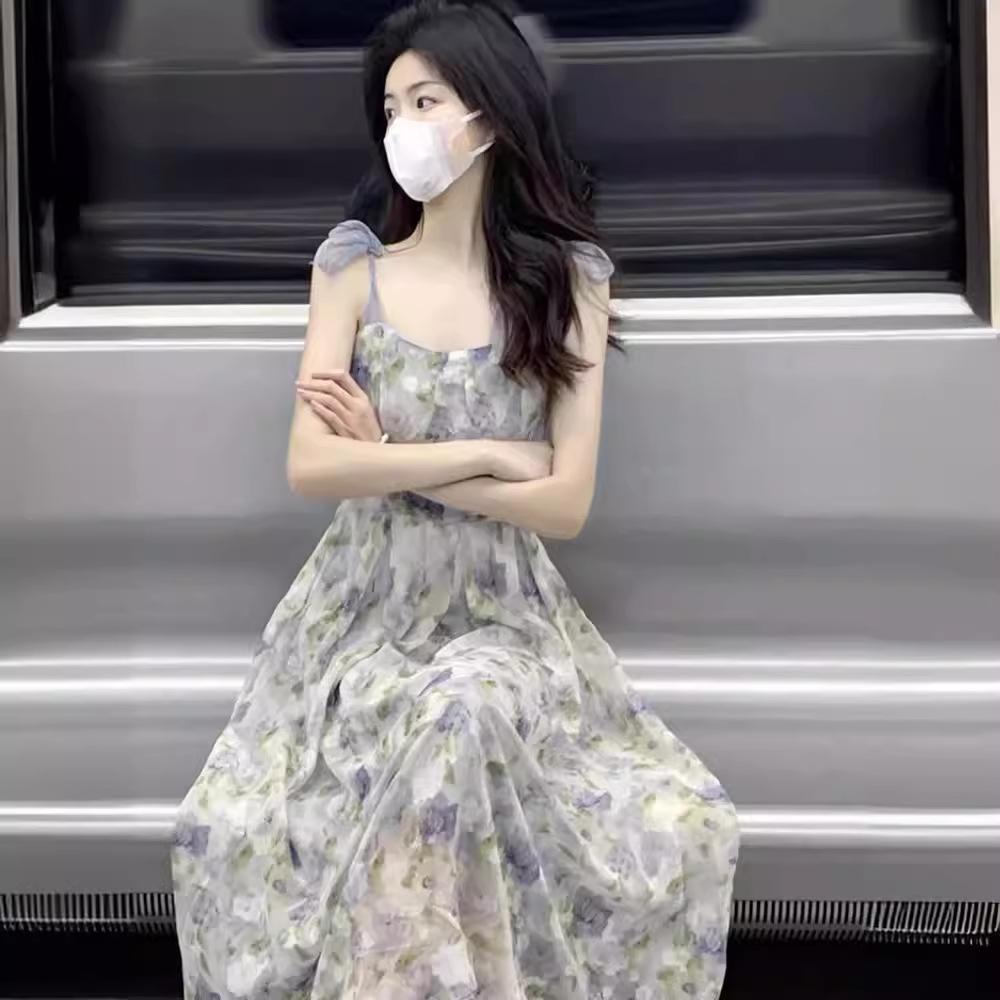 Rochie de vară florală cu bretele - Design lung de zână franțuzoaică