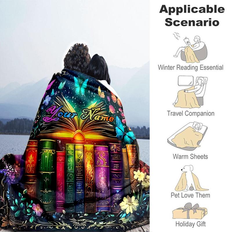 1PC Custom Name "Magical Library Dreams" Flannel Blanket Versatile, All-season Throw Suitable for the Living Room, Bedroom, Camping, Travel, and Gift
