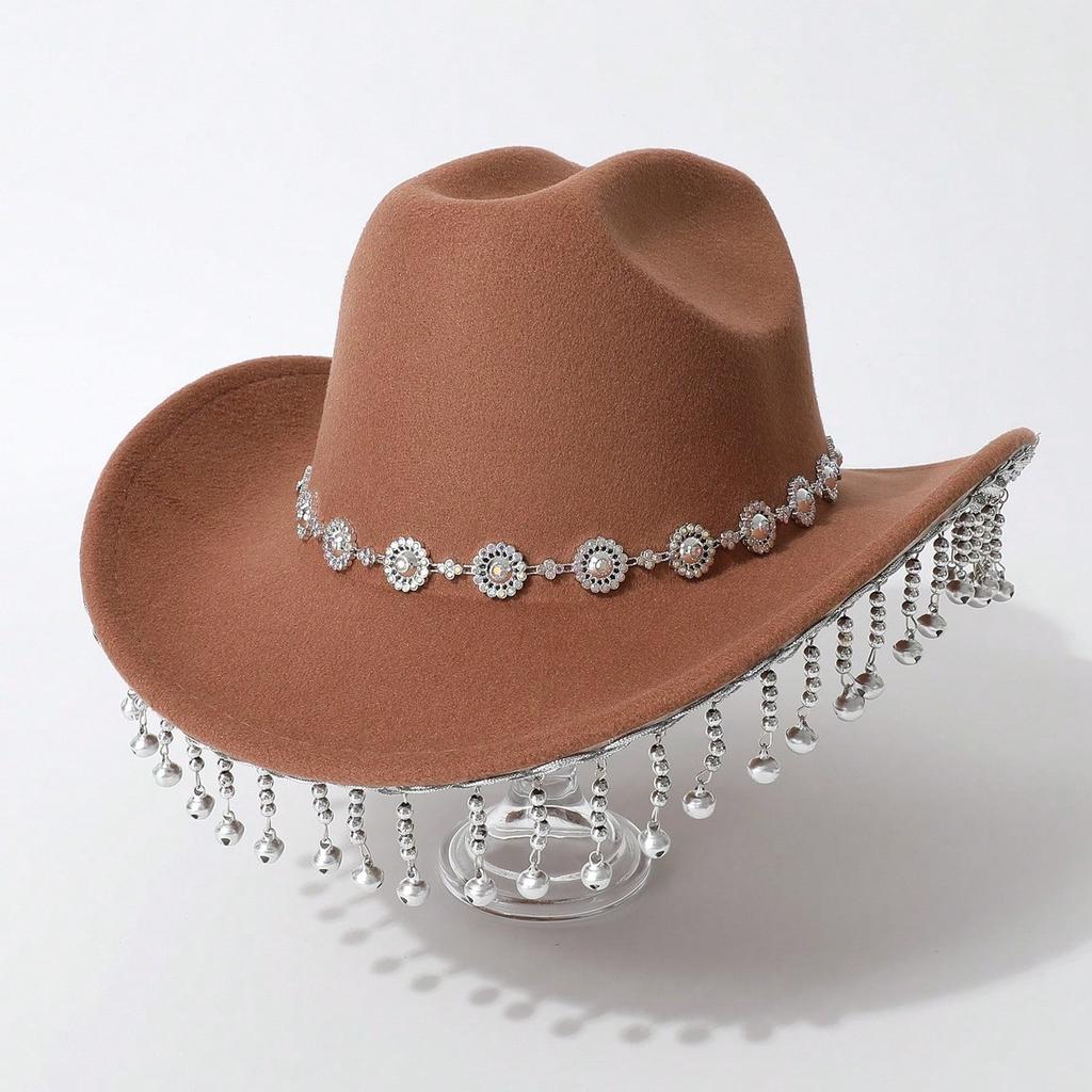 European and American Women's Western Cowboy Top Hat Simple Rhinestone Ringing Bell Fringed Design Jazz Hat Wedding Ball