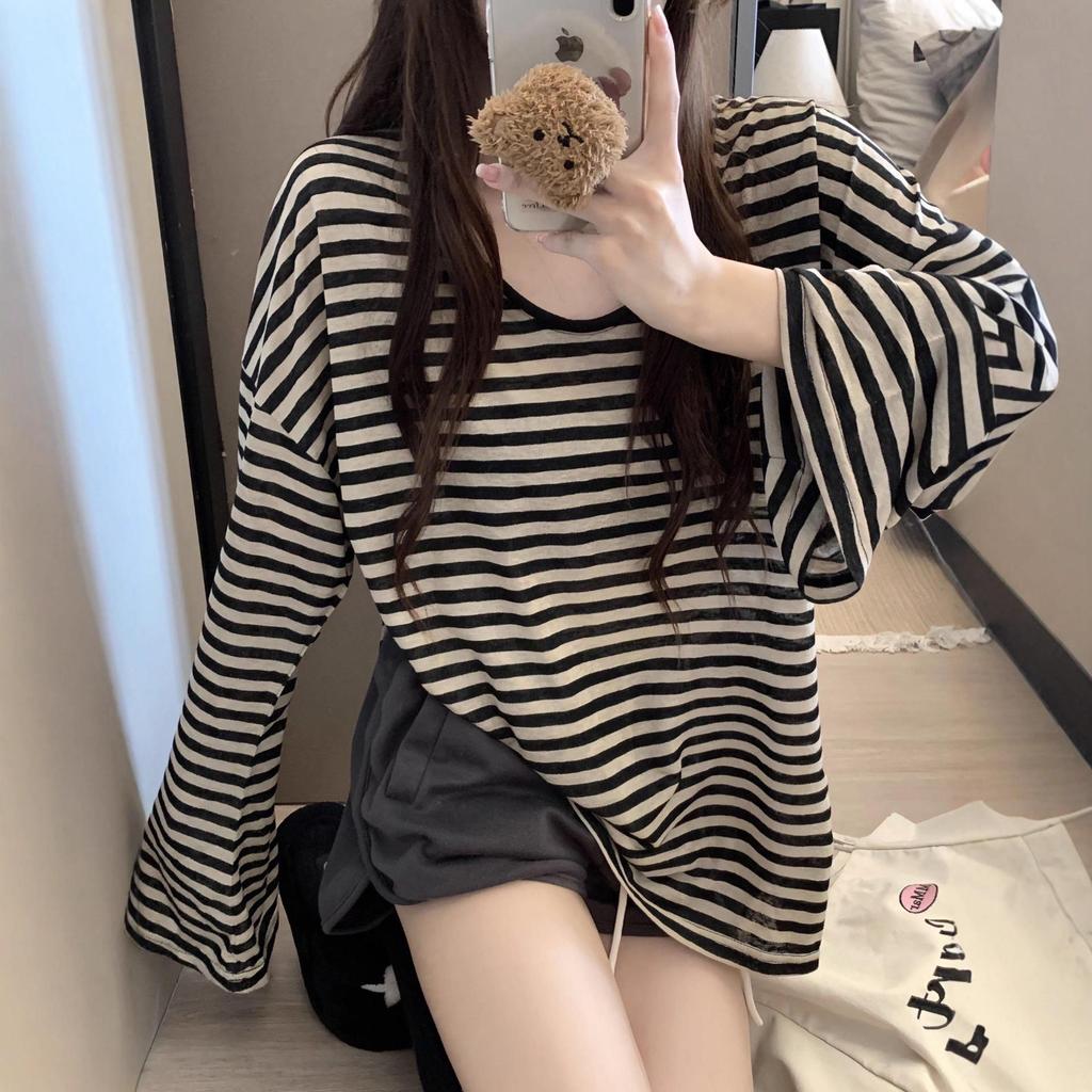 Women's Striped U-Neck Sun Protection Long Sleeve Oversized Cover-Up T-Shirt