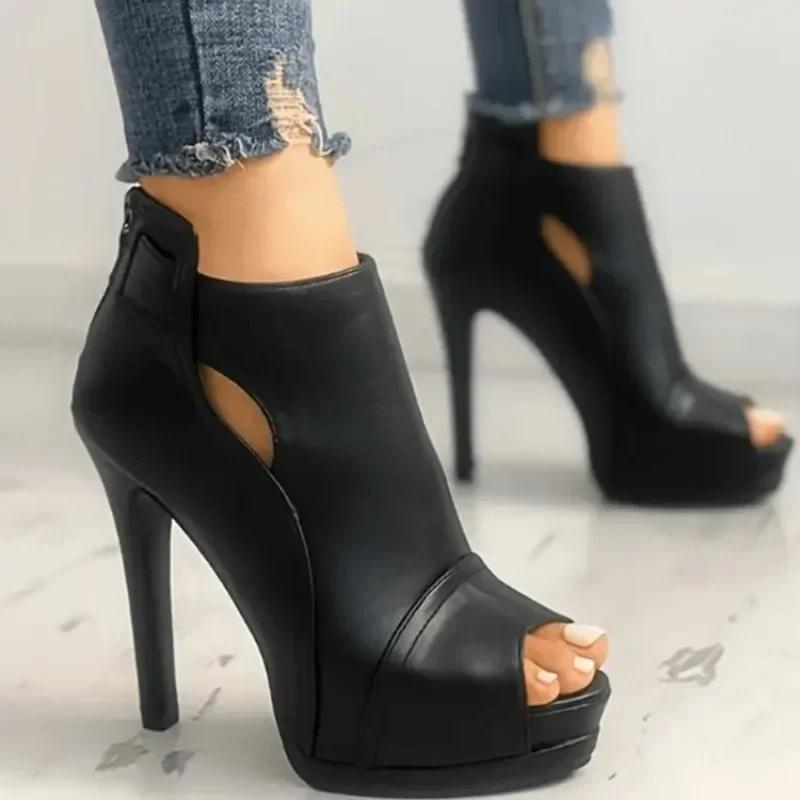 

Модная женская обувь 2024 года, модные женские босоножки Fish Mouth, летние однотонные сексуальные платья, туфли на шпильке или тонкие каблуки, босоножки большого размера Zapatos 43 чёрный