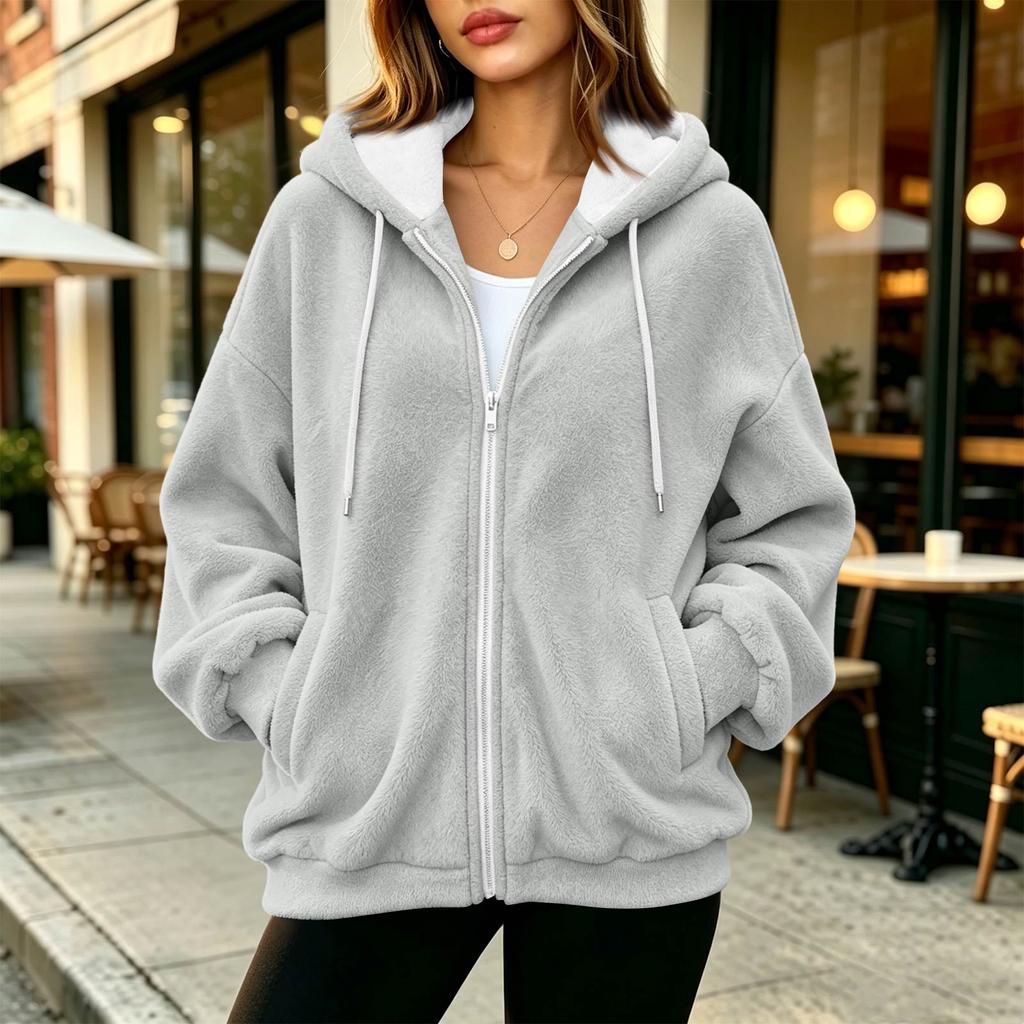 Damen Kapuzenjacke mit Reißverschluss, lockerer Schnitt, lange Ärmel, Farbe