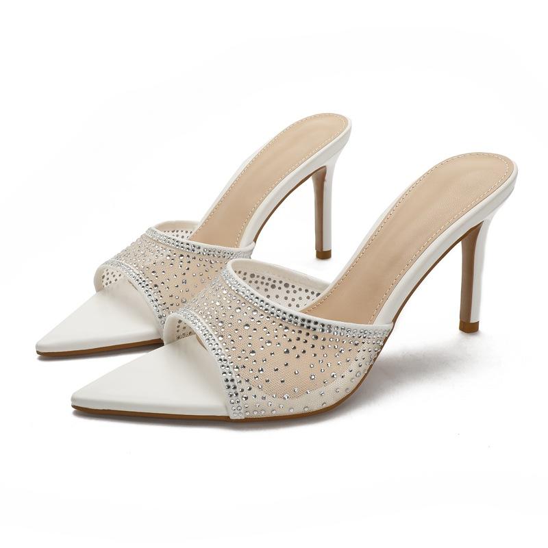 Fashion Summer Woman Thin Heel Rhinestone High Heel Slippers Fashion Open-toed Pointed End Slip-on Not Tired of Feet Stiletto