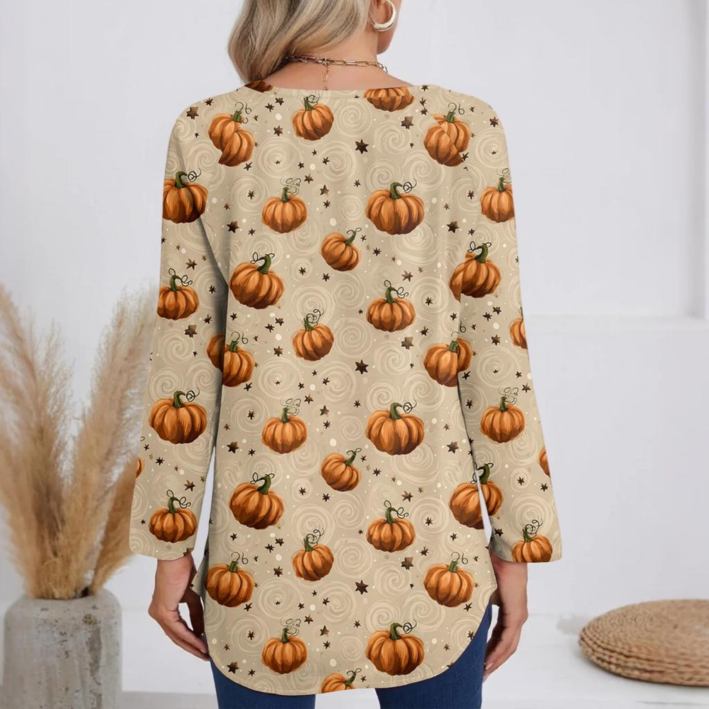 Dámské módní a ležérní tričko s halloweenským potiskem, s dlouhým rukávem, výstřihem do V, středně dlouhé