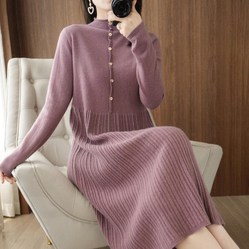 Robe Pull en Laine Coréenne pour Femme Automne/Hiver 2022, Couleur Unie, Col Semi-Montant, Longueur au-Dessus du Genou