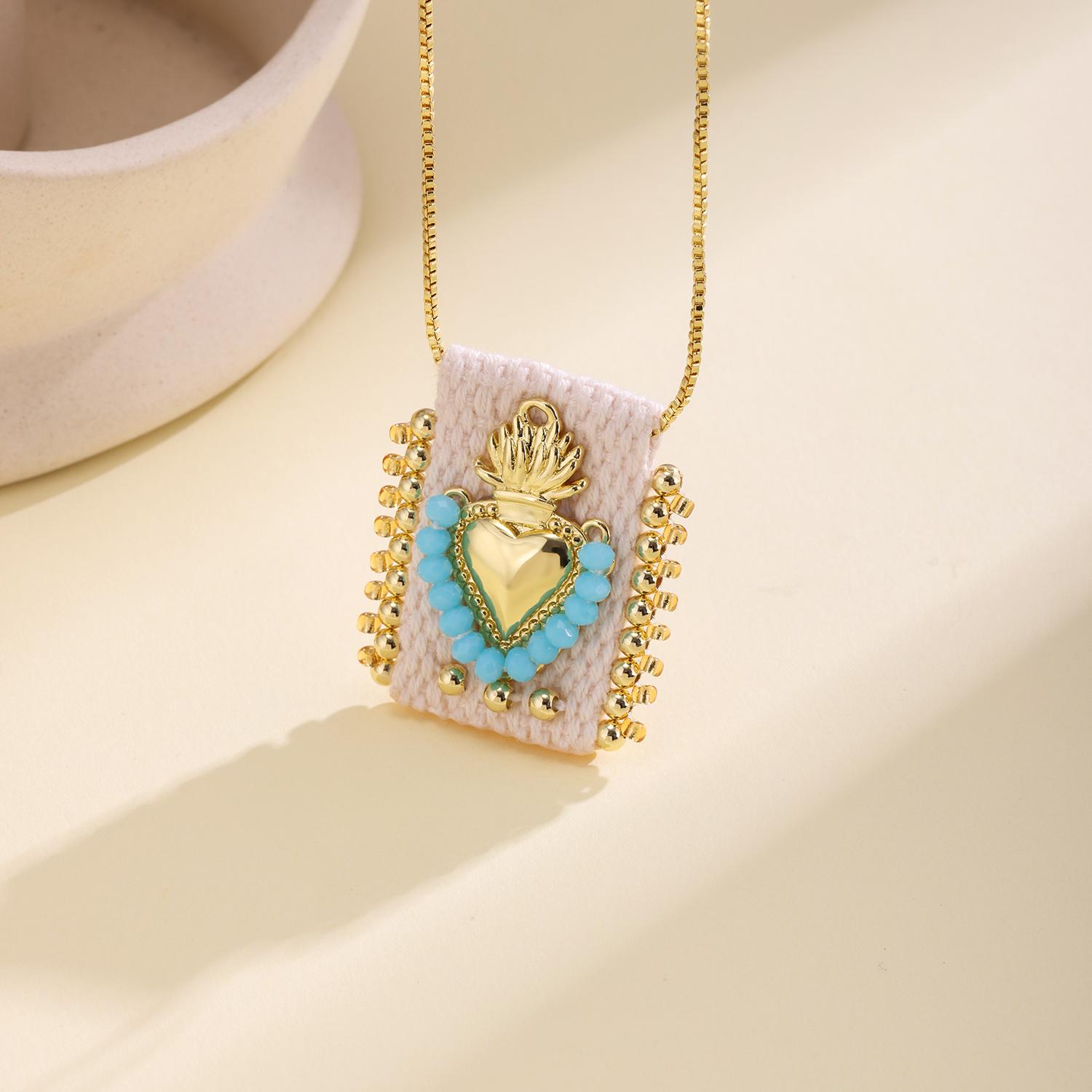 

Nidin Vintage Sacred Heart Beaded Necklace Handcrafted Woven Cloth Pendant Unique Bohemian Religious Jewelry Gift For Women светло-синий