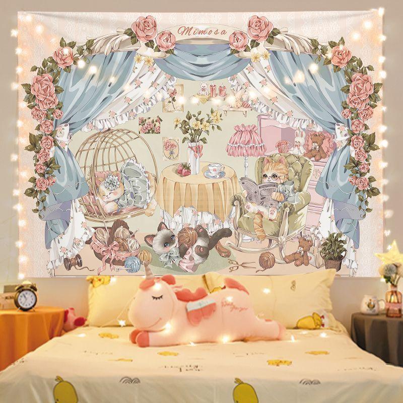 VIKAMA Rose Window View Cat Tapestry Retro Flower House Cute Cat Cartoon Background Cloth Warm Tapestry Room Decoration