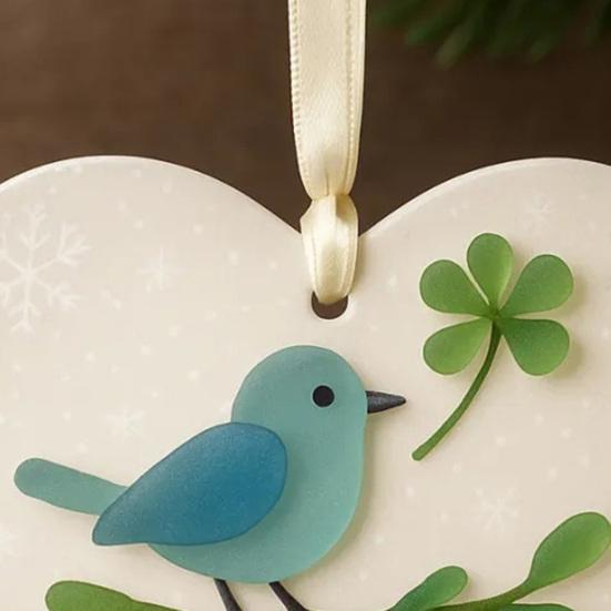 Heart Shaped Sea Glass Friendship Decor Sea Glass Bird And Four Leaf Clover Heart Ornament for Xmas Tree Friendship Keepsake for Best Friends