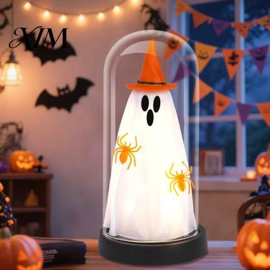 Reusable Festive Ornament Indoor Light Up Ghost In Dome Cloche, Halloween Cute Witch Decorative Spooky Desktop Table Lamp with LED for Home