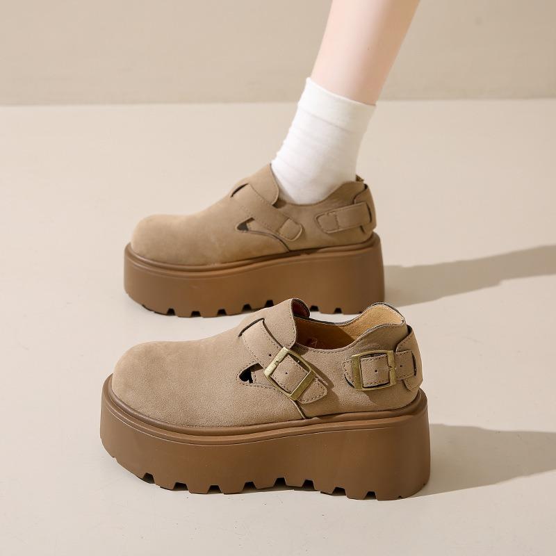 Platform-soled Borken Shoes Women's Spring and Autumn New One-pedal Retro Women's Casual Belt Buckle Single Shoes Women