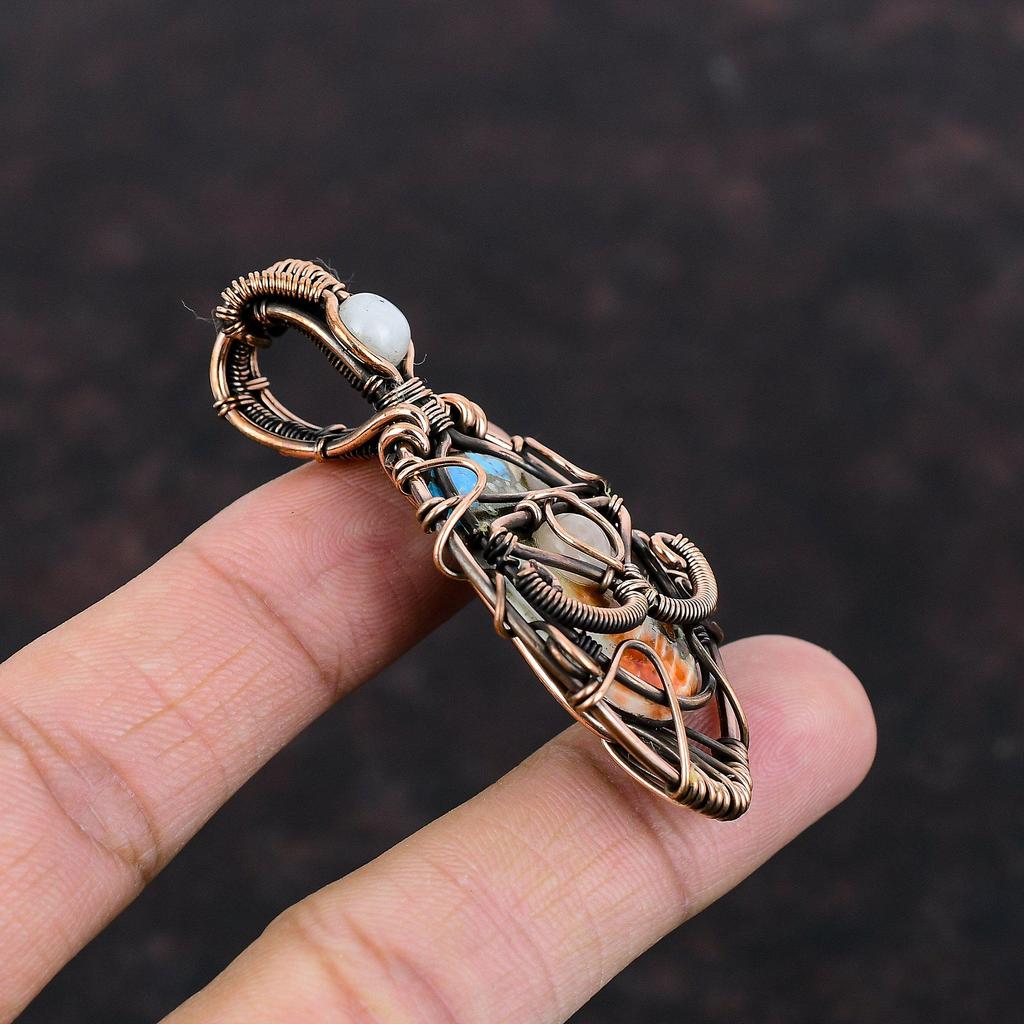 Evil Eye Spiny Oyster Copper Turquoise Pendant Copper Wire Wrapped Pendant Gemstone Jewelry Moonstone Pendant Handmade Jewelry Gift For Him