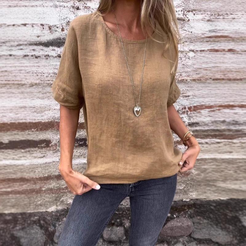 Spring Summer Round Neck Long Sleeved Loose T-shirt Top for Women Shirt