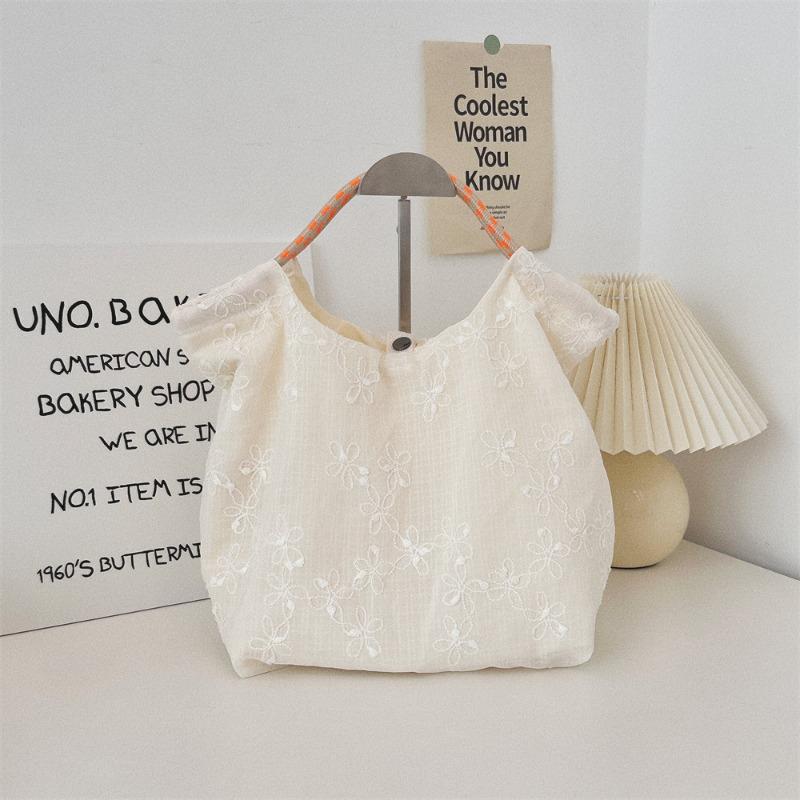 Tulle embroidery small fresh commuter tote bag literary canvas bag travel vacation shoulder bag