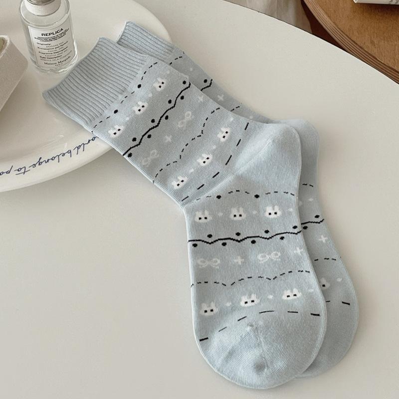Cartoon Puppy Embroidery Cute Socks Women Autumn and Winter Middle Tube Socks Korean Striped Cotton Knitted Elastic Long Socks