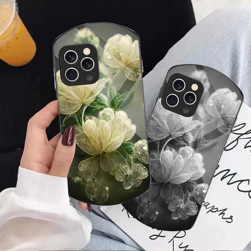 Pink Crystal Flower For iPhone 16 15 14 13 Plus 12 Mini 11 Pro Max XR Xs X 7 8 6 6S 2022 Elliptical Tempered Glass Phone Case
