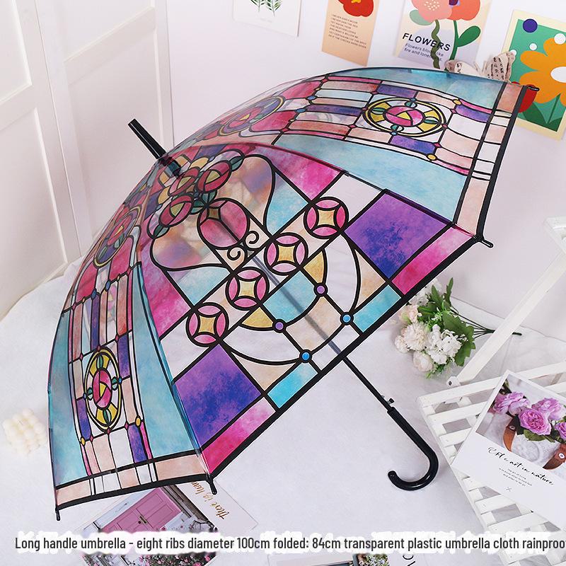 Japonský lesní styl průhledný deštník s třešňovými květy s klenutou dlouhou rukojetí pro studenty