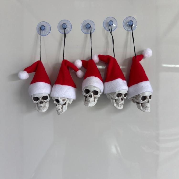5Pcs Plastic Skeleton Head Decoration With Santa Hat For Holiday Parties Christmas Tree Halloween Hanging Ornament