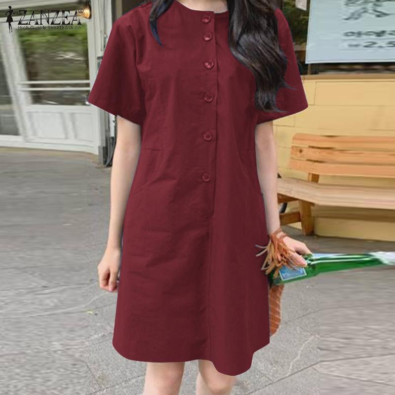 

ZANZEA Женское повседневное свободное летнее платье с круглым вырезом и короткими рукавами