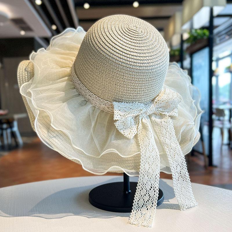 Mesh Bow Lace Straw Hat Children's Summer Big Brim Sun Protection Sun Hat Seaside Beach Vacation Sun Hat