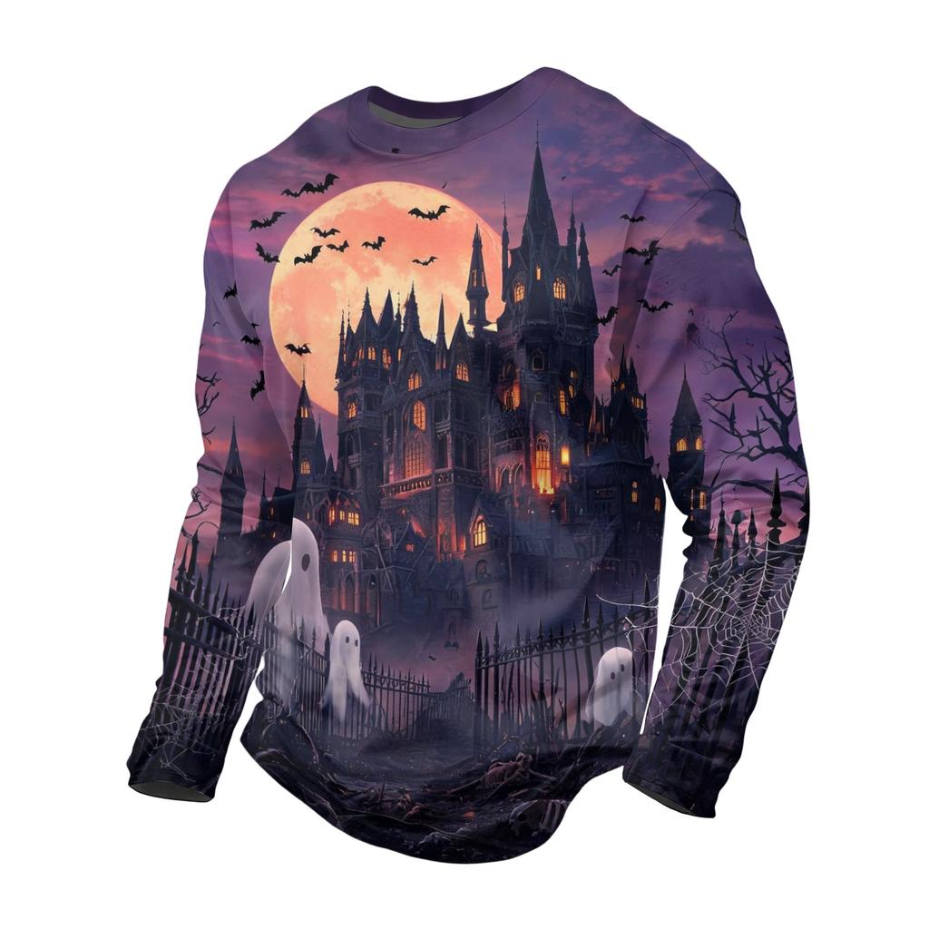 Men's Halloween Printed Long Sleeve Neck T-Shirt for Holiday Party Costume