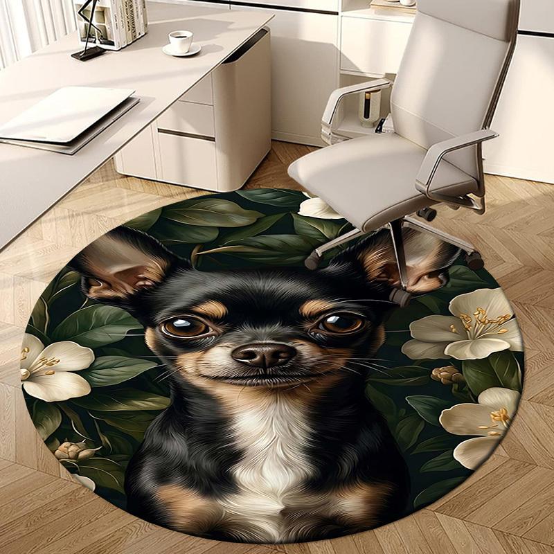 1PC Chihuahua Flowers Non-Slip Floor Round carpet, Office, family, bedroom, Large Area Rug Indoor Rugs, Durable PolyesterH0402