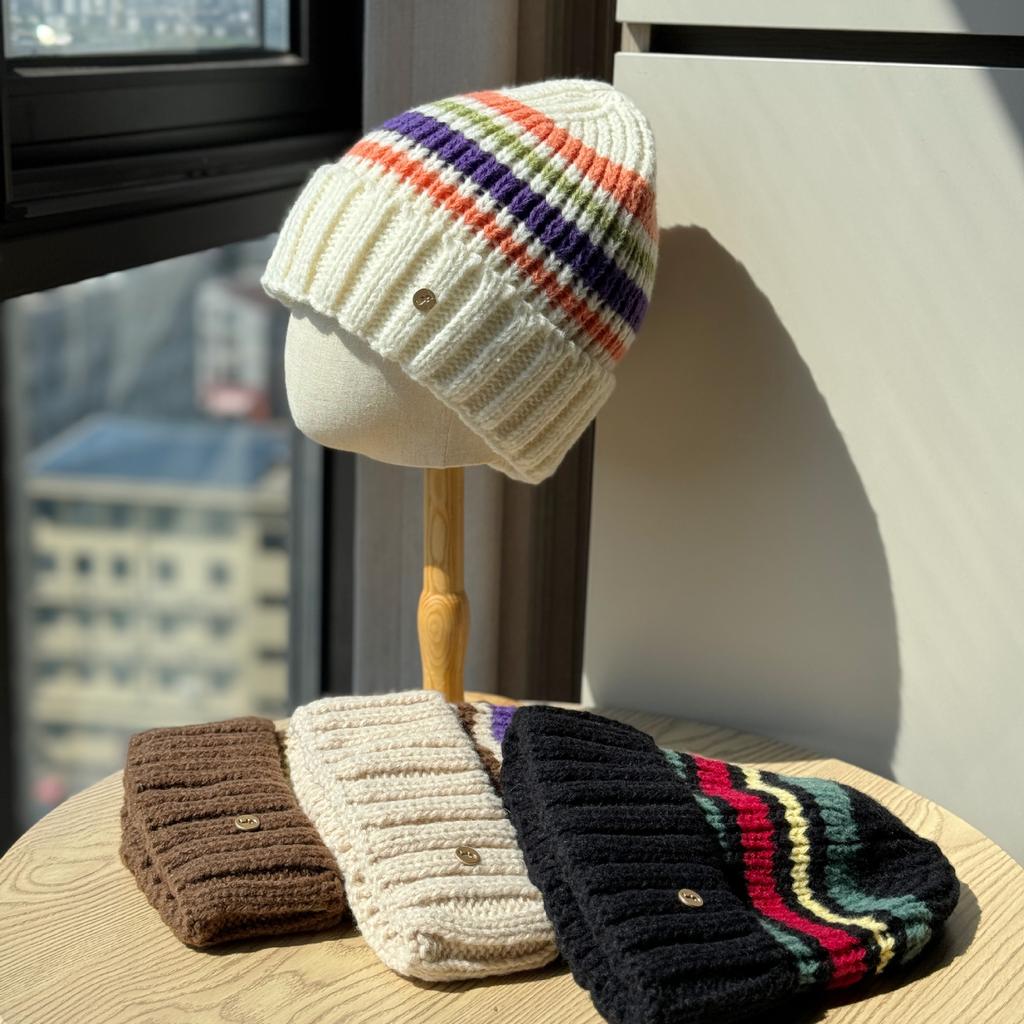 Color Block Striped Woolen Hat for Women Warm and Ear Protecting Street Versatile Winter Knitted Hat for Women Trendy