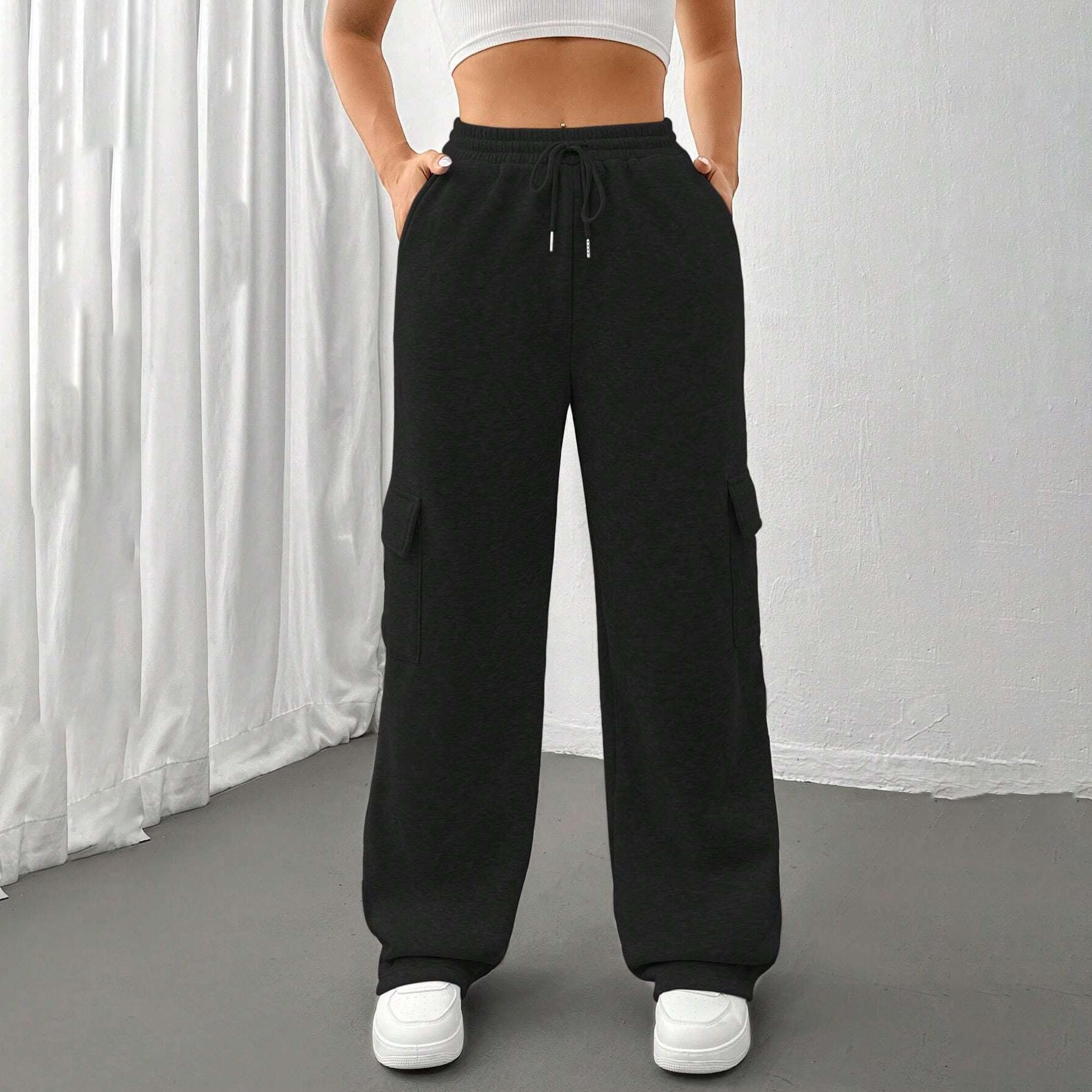 

Женские прямые брюки с карманами, повседневные, с эластичной талией и шнурком, осенне-весенние брюки XS чёрный