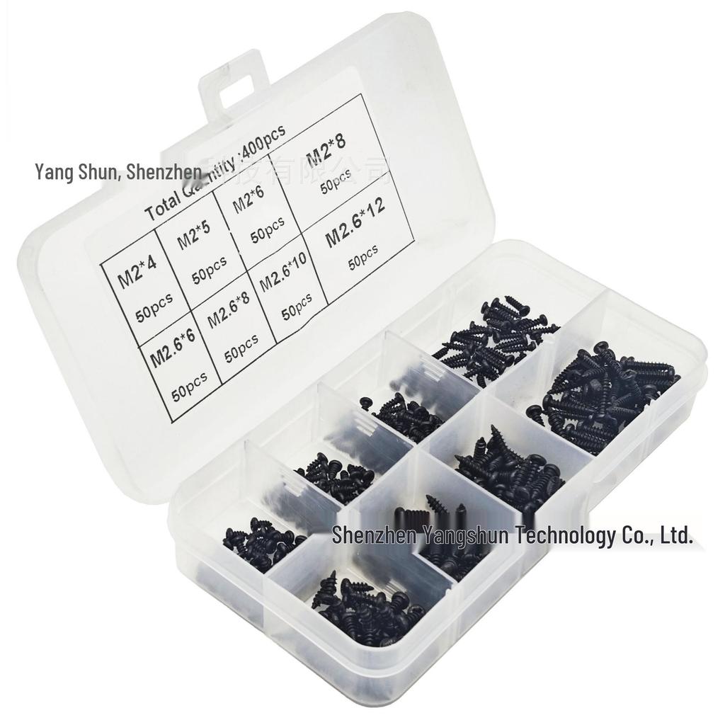 400pcs Black Carbon Steel Phillips Pan Head Self-Tapping Screws M2/M2.6 Set