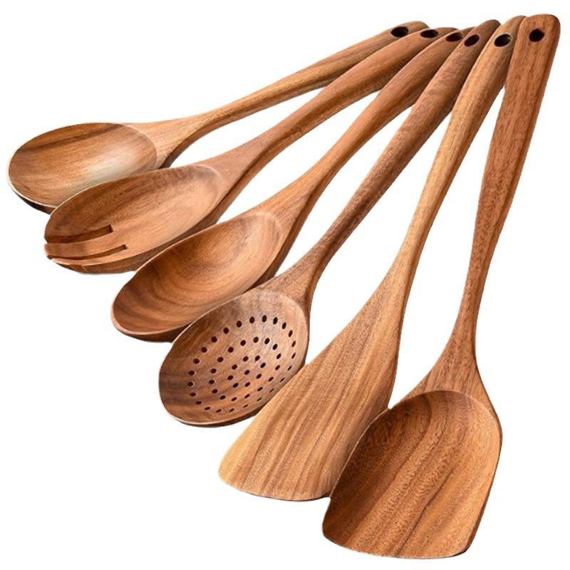 6PCS Wood Kitchenware Cooking Household Spatula Spoon Set Salad Spoon Fork Stirring Spoon Kitchen Baking Set with Storage Bucket