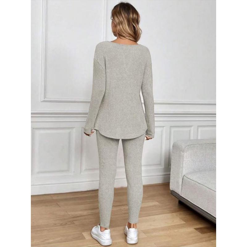 Women V Neck Long Sleeve Thin Casual Two Piece Loungewear Set With Long Pants