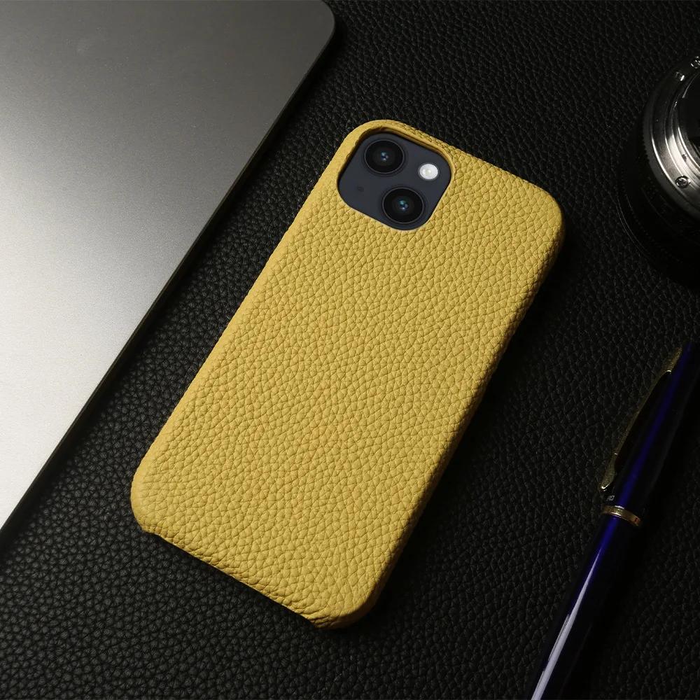 

Genuine Leather Magnetic Attraction Phone Case for IPhone 15 Pro Max 16 Pro 14 13 12 Premium Cowhide Flocking Lining Hard Cover for IPhone16 жёлтый