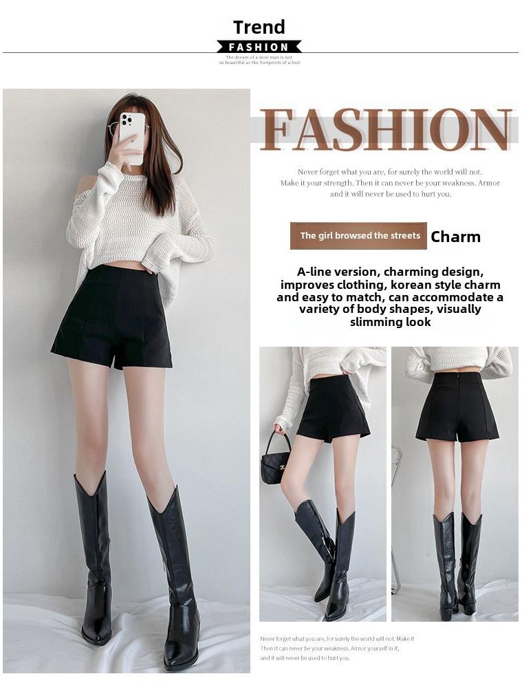 Pantaloni scurți de vară negri cu talie înaltă, cu linie A, pentru femei - ținute casual lejere, slim, cu croi larg