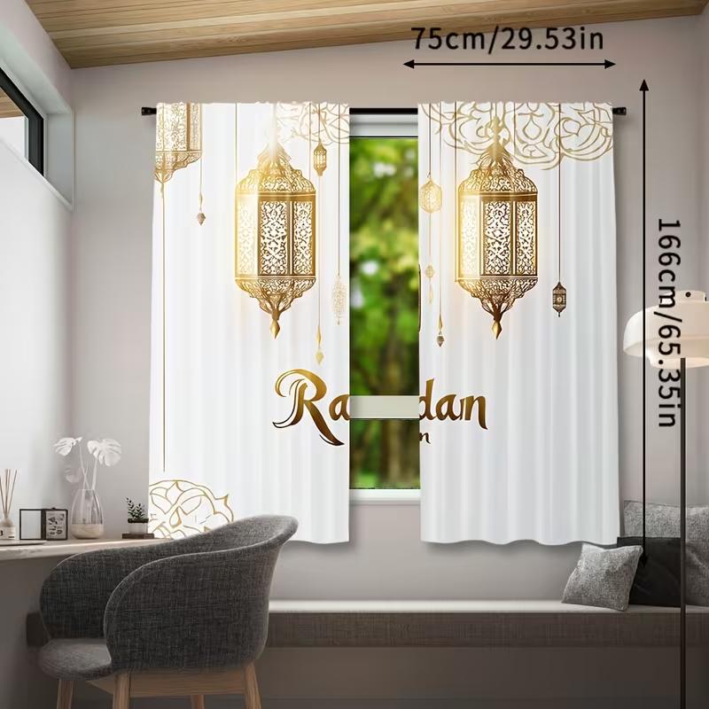 2PC Ramadan Lantern Curtains Gold Islamic Print Light Filtering Drapes Festive Home Decor for Living Room Bedroom