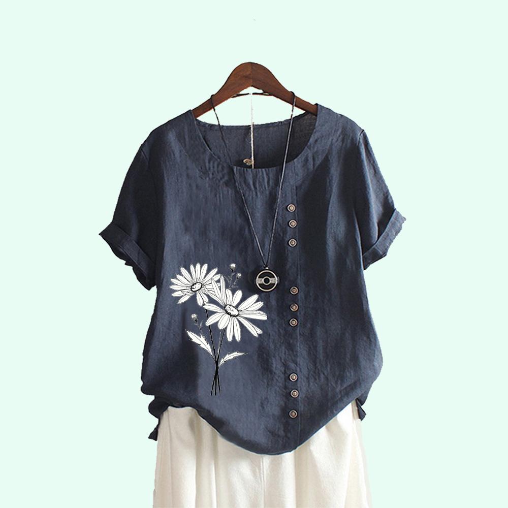 Ladies Flower Print Casual Round Neck Blouses Summer Short Sleeve Plus Size Pullover Loose T-shirt